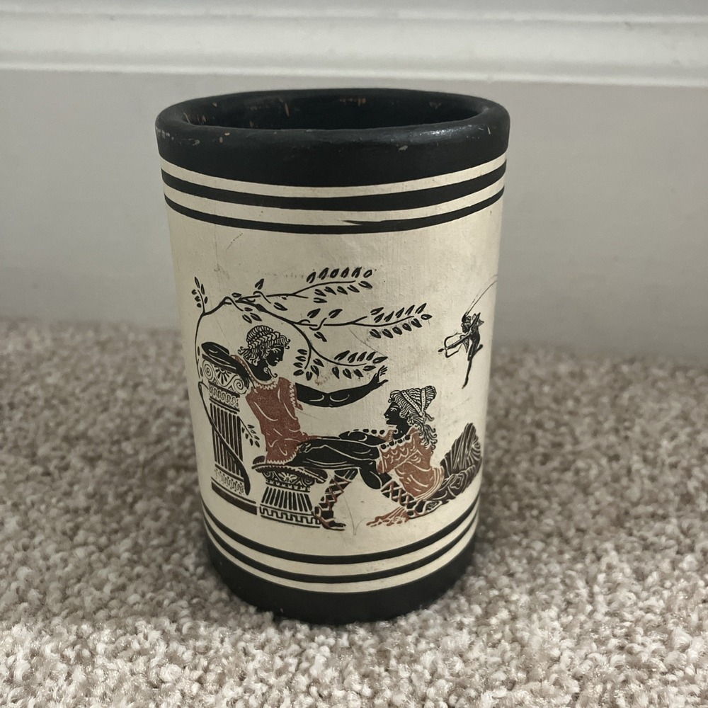 Vintage Greek Clay Pottery Handmade Hand Painted 3.6" Ipis Cup